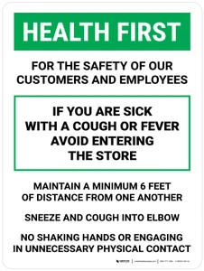 Health First: For The Safety Of Our Customers And Employees Portrait - Wall Sign