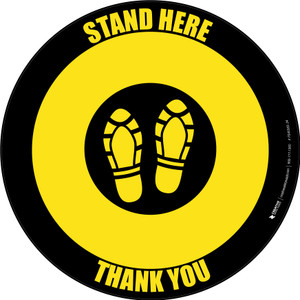 Stand Here with Shoe Prints Black/Yellow Circular - Floor Sign