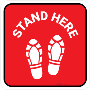 Stand Here with Shoe Prints Red Square - Floor Sign
