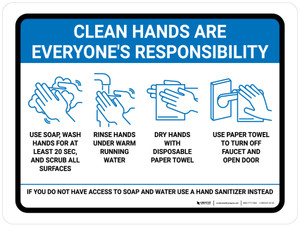 Clean Hands Are Everyones Responsibility with Icons Blue Landscape - Wall Sign