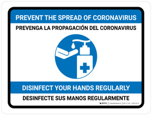 Prevent Coronavirus - Disinfect Hands Bilingual Spanish with Icon Landscape - Wall Sign