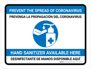 Prevent Coronavirus - Hand Sanitizer Available Bilingual with Icon Landscape - Wall Sign