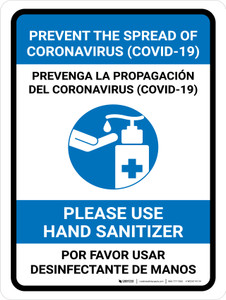 Prevent Coronavirus - Please Use Hand Sanitizer Bilingual Spanish with Icon Portrait - Wall Sign