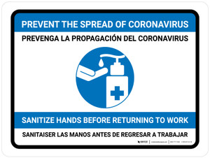 Prevent Coronavirus - Sanitize Hands Before Work Bilingual Spanish with Icon Landscape - Wall Sign