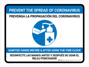 Prevent Coronavirus - Sanitize Hands When Using The Time Clock Bilingual Spanish with Icon Landscape - Wall Sign