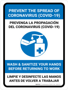 Prevent Coronavirus - Wash And Sanitize Hands Before Returning To Work Bilingual Spanish with Icon Portrait - Wall Sign
