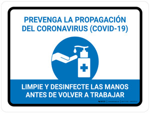 Prevent Coronavirus - Wash And Sanitize Hands Before Returning To Work Spanish with Icon Landscape - Wall Sign
