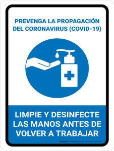 Prevent Coronavirus - Wash And Sanitize Hands Before Returning To Work Spanish with Icon Portrait - Wall Sign