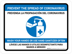 Prevent Coronavirus - Wash Your Hands Or Use Hand Sanitizer Bilingual Spanish with Icon Landscape - Wall Sign Prevent Coronavirus - Wash Your Hands Or Use Hand Sanitizer Bilingual Spanish with Icon Landscape - Wall Sign