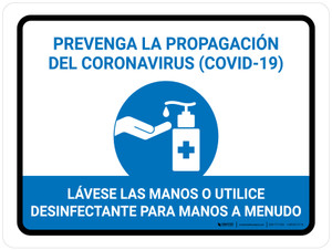 Prevent Coronavirus - Wash Your Hands Or Use Hand Sanitizer Spanish with Icon Landscape - Wall Sign