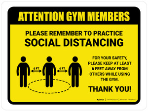 Attention: Gym Members Remember Social Distancing with Icon Landscape - Wall Sign
