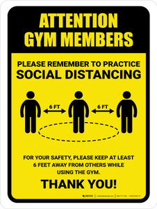 Attention: Gym Members Remember Social Distancing with Icon Portrait - Wall Sign Attention: Gym Members Remember Social Distancing with Icon Portrait - Wall Sign