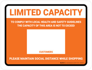 Limited Capacity: Maintain Social Distancing While Shopping Orange Landscape - Wall Sign