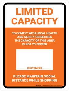 Limited Capacity: Maintain Social Distancing While Shopping Orange Portrait - Wall Sign