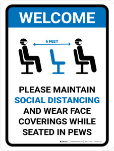 Welcome: Please Maintain Social Distancing And Face Coverings with Icon Portrait - Wall Sign Welcome: Please Maintain Social Distancing And Face Coverings with Icon Portrait - Wall Sign
