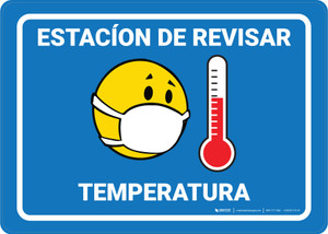 Temperature Check Station Spanish with Facemesk Emoji Blue - Wall Sign