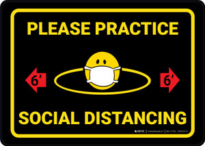 Please Practice Social Distancing 6ft with Facemask Emoji Black - Wall Sign