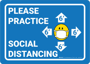 Please Practice Social Distancing Facemask Emojis Blue - Wall Sign
