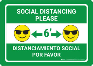Social Distancing Please Bilingual Spanish with Sunglasses Emoji Green - Wall Sign