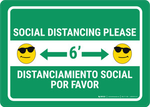 Social Distancing Please with Sunglasses Bilingual Spanish Emoji Green - Wall Sign