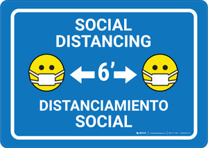 Social Distancing with Facemask Emoji Bilingual Spanish Blue - Wall Sign