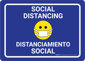 Social Distancing with Facemask Emoji Bilingual Spanish Dark Blue - Wall Sign