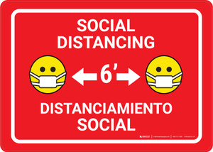 Social Distancing with Facemask Emoji Bilingual Spanish Red - Wall Sign