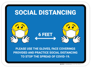 Social Distancing Please Use Face Coverings Gloves with Emojis Blue - Floor Signs
