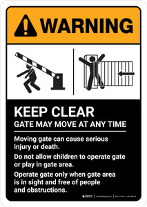 Warning: Keep Clear Gate May Move At Any Time with Icons ANSI Portrait - Wall Sign