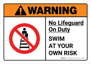 Warning: No Lifeguard on Duty with Icon ANSI Landscape - Wall Sign