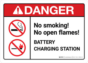 Danger: Battery Station No Smoking No Open Flames with Icons ANSI Landscape - Wall Sign