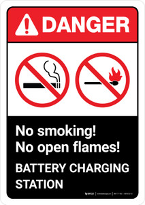 Danger: Battery Station No Smoking No Open Flames with Icons ANSI Portrait - Wall Sign