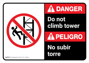 Danger: Do Not Climb Tower Bilingual Spanish with Icon ANSI Landscape - Wall Sign
