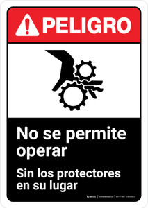 Danger: Do Not Operate Without Guards Spanish with Icon ANSI Portrait - Wall Sign