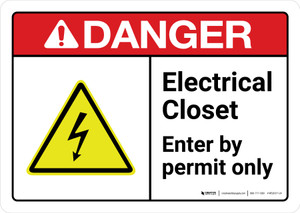 Danger: Electrical Closet Enter By Permit Only with Icon ANSI Landscape - Wall Sign