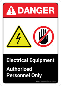 Danger: Electrical Equipment Authorized Personnel Only with Icons ANSI Portrait - Wall Sign