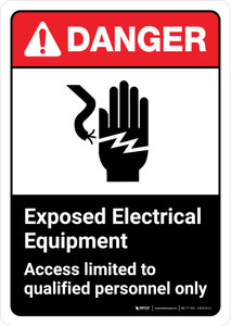 Danger: Exposed Electrical Equipment Access Qualified Personnel with Icon ANSI Portrait - Wall Sign