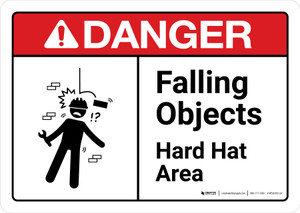 Danger: Falling Objects Hard Hat Area with Icon ANSI Landscape - Wall Sign