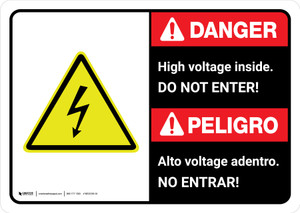 Danger: High Voltage Do Not Enter Bilingual Spanish with Icon ANSI Landscape - Wall Sign