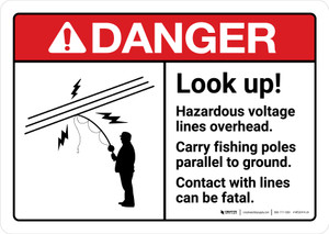 Danger: Look Up Hazardous Voltage Lines Overhead Fishing Poles with Icon ANSI Landscape - Wall Sign