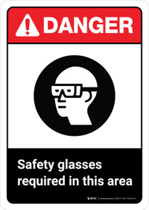 Danger: Safety Glasses Required in This Area with Icon ANSI Portrait - Wall Sign