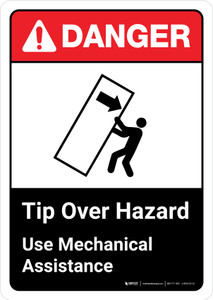 Danger: Tip Over Hazard Use Mechanical Assistance with Icon ANSI Portrait - Wall Sign