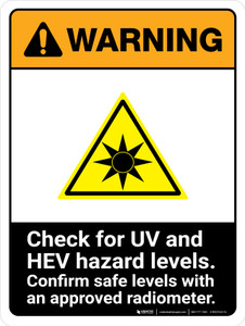 Warning: ISO Check For UV And HEV Hazard Levels - Confirm with Approved Radiometer ANSI Portrait - Wall Sign