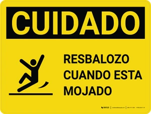 Caution: Floor Slippery When Wet Spanish with Icon Landscape - Wall Sign