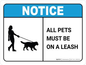 Notice: All Pets Must Be On Leash Dog Walker Icon Landscape - Wall Sign
