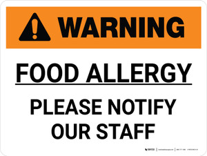 Warning: Food Allergy Please Notify Our Staff Landscape - Wall Sign