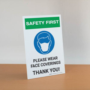 Safety First: Please Wear Face Coverings with Icon Portrait - Desktop Sign