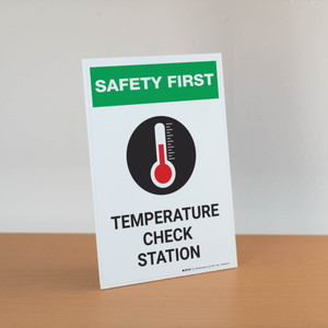 Safety First: Temperature Check Station with Icon Portrait - Desktop Sign