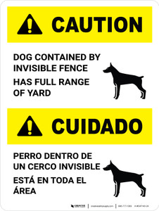 Caution: Ansi Dog Contained By Invisible Fence Bilingual Portarit - Wall Sign