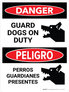 Danger: Guard Dogs On Duty Bilingual Spanish Portrait - Wall Sign